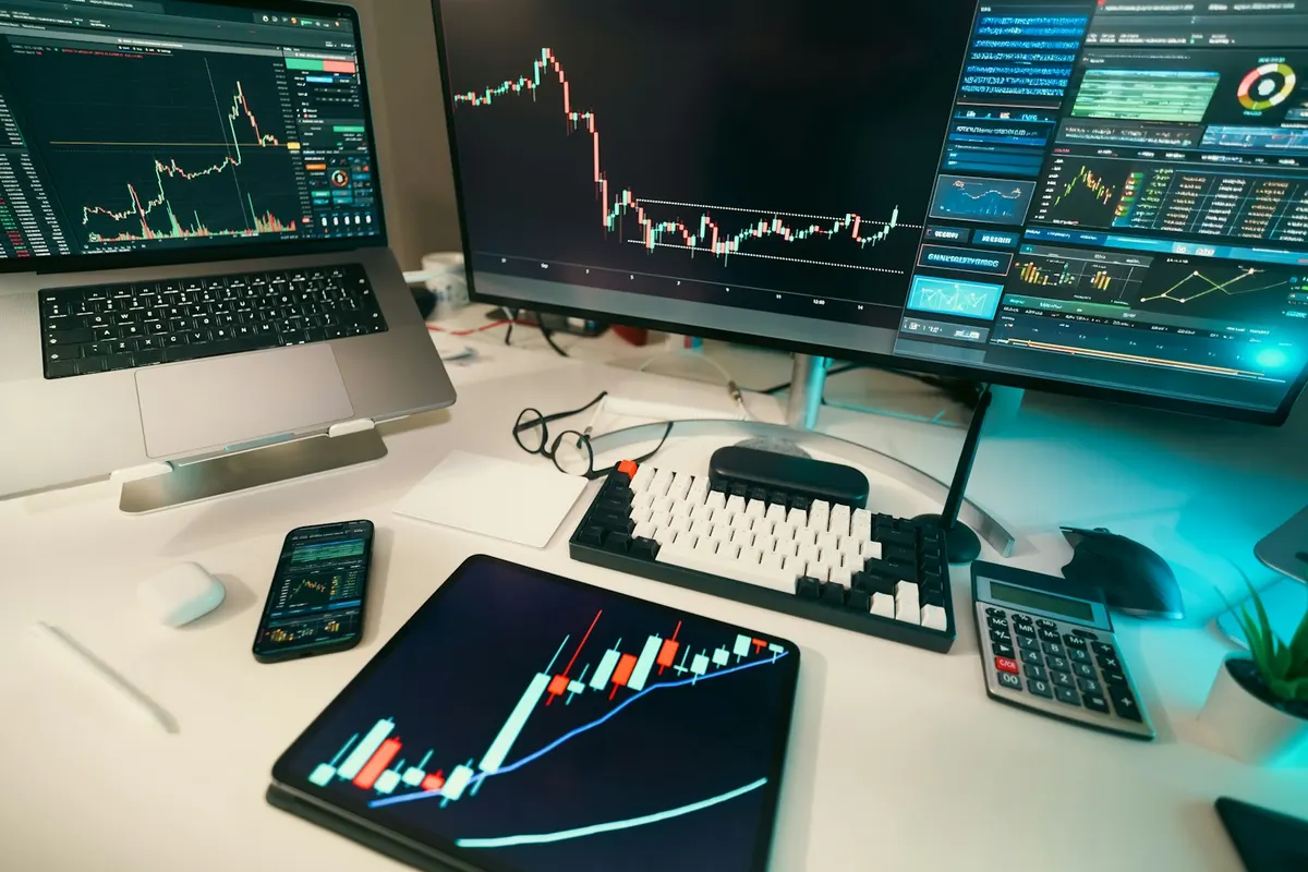 Multi-monitor trading desk showing market charts